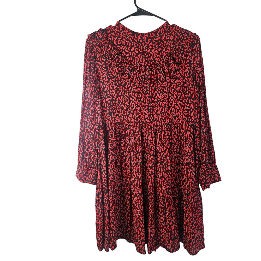 Zara Woman Red Black Animal Print Ruffle Tiered Mini Dress Small Peasant Party